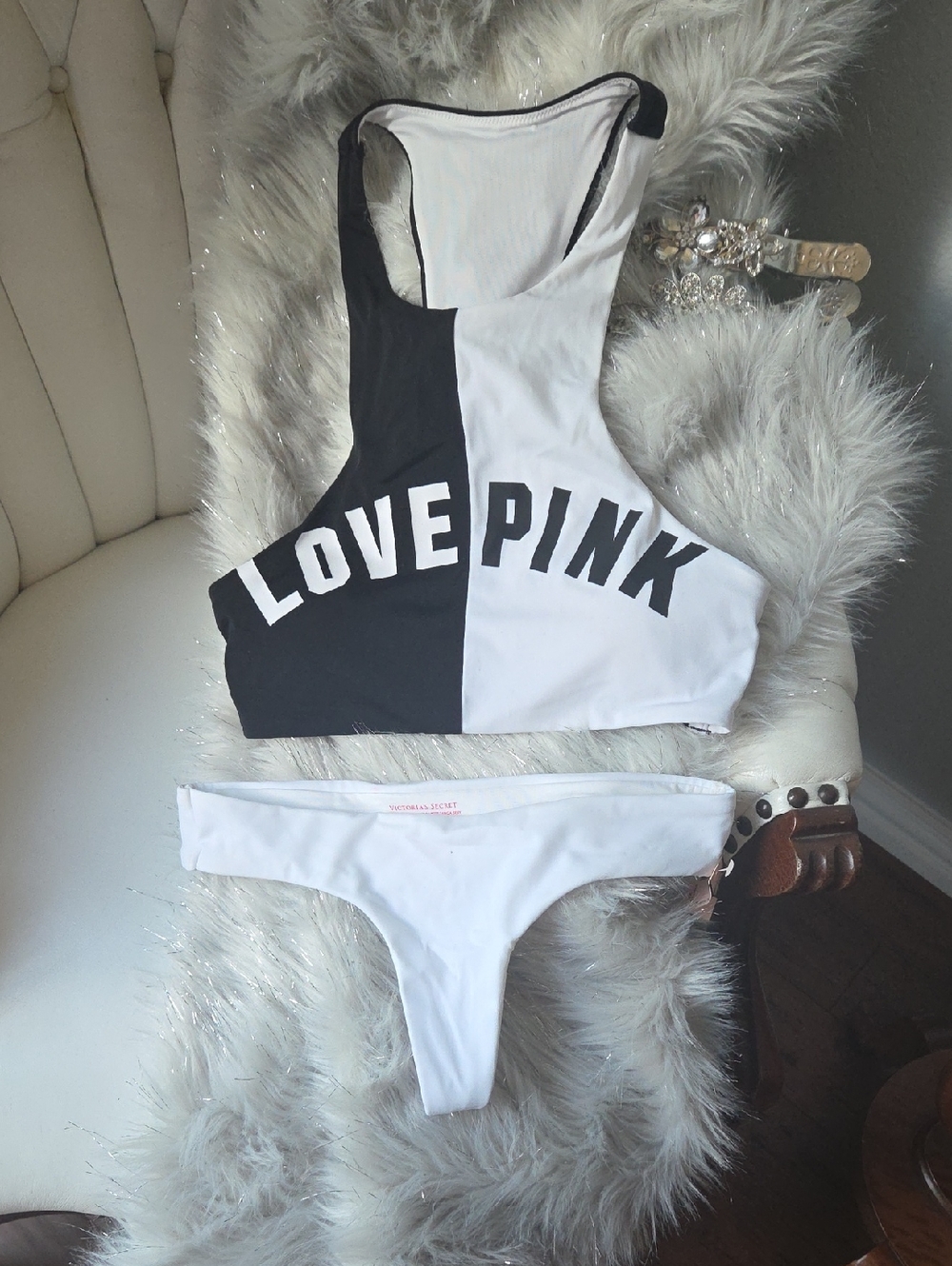 PINK Victoria's Secret Black & White LOVE PINK Colorblock Bikini Set